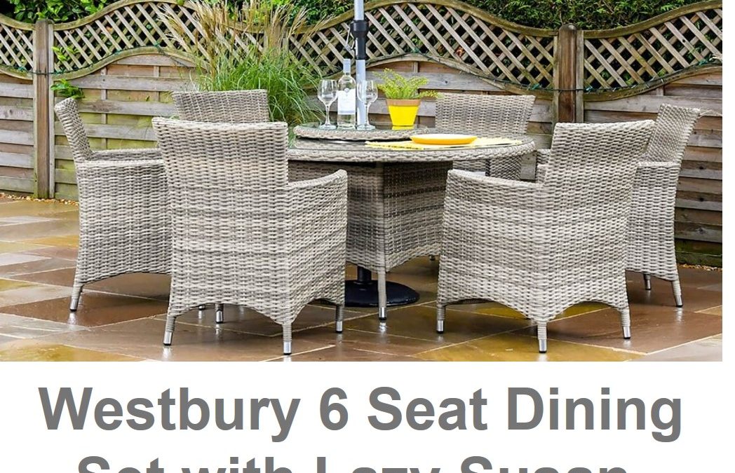 Westbury 6 seat dining set with l;azy susan and parasol and base Elm