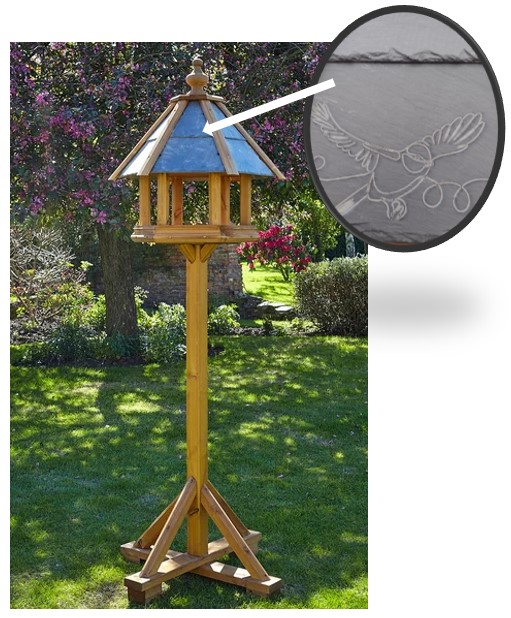 View of rosedale bird house with etched slate roof | Elm Court Garden Centre
